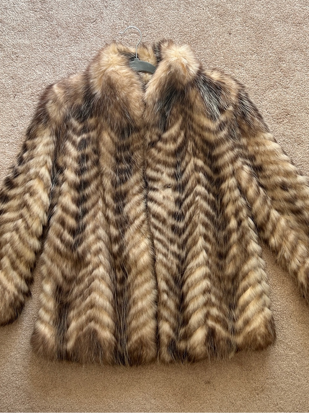 Women’s Vintage American Opossum Fur Chevron-Pattern Jacket in Brown